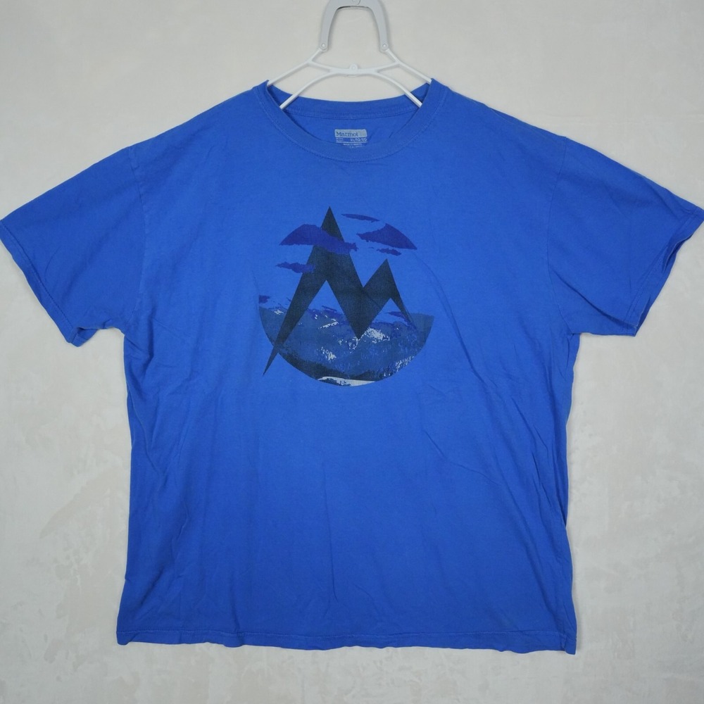 Marmot Shirt Mens XL Blue‎ Mountain Graphic Short Sleeve Organic Cotton Casual